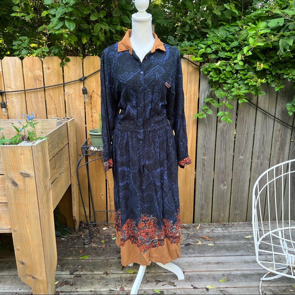 - Vintage 80’s/90’s paisley print button up maxi w/ floral print on bottom